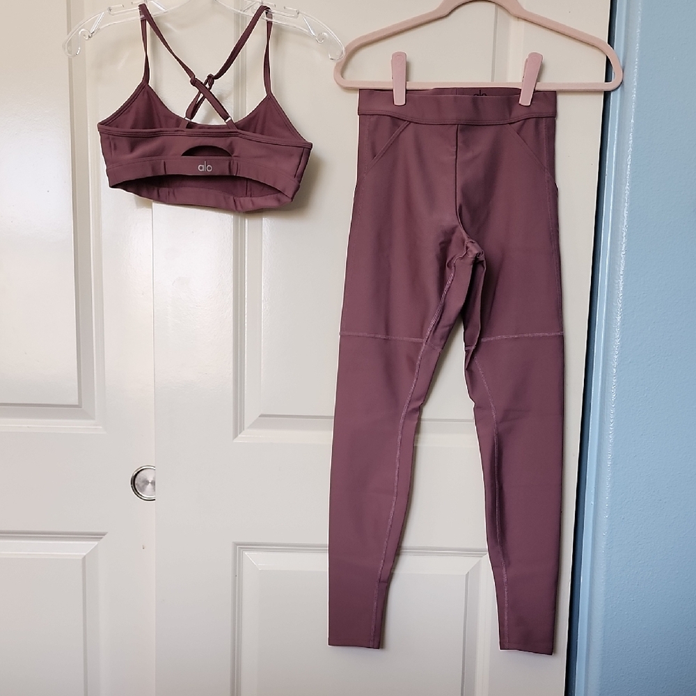 ALO Yoga Women's Leggings and Strappy Sports Bra in Mauve
